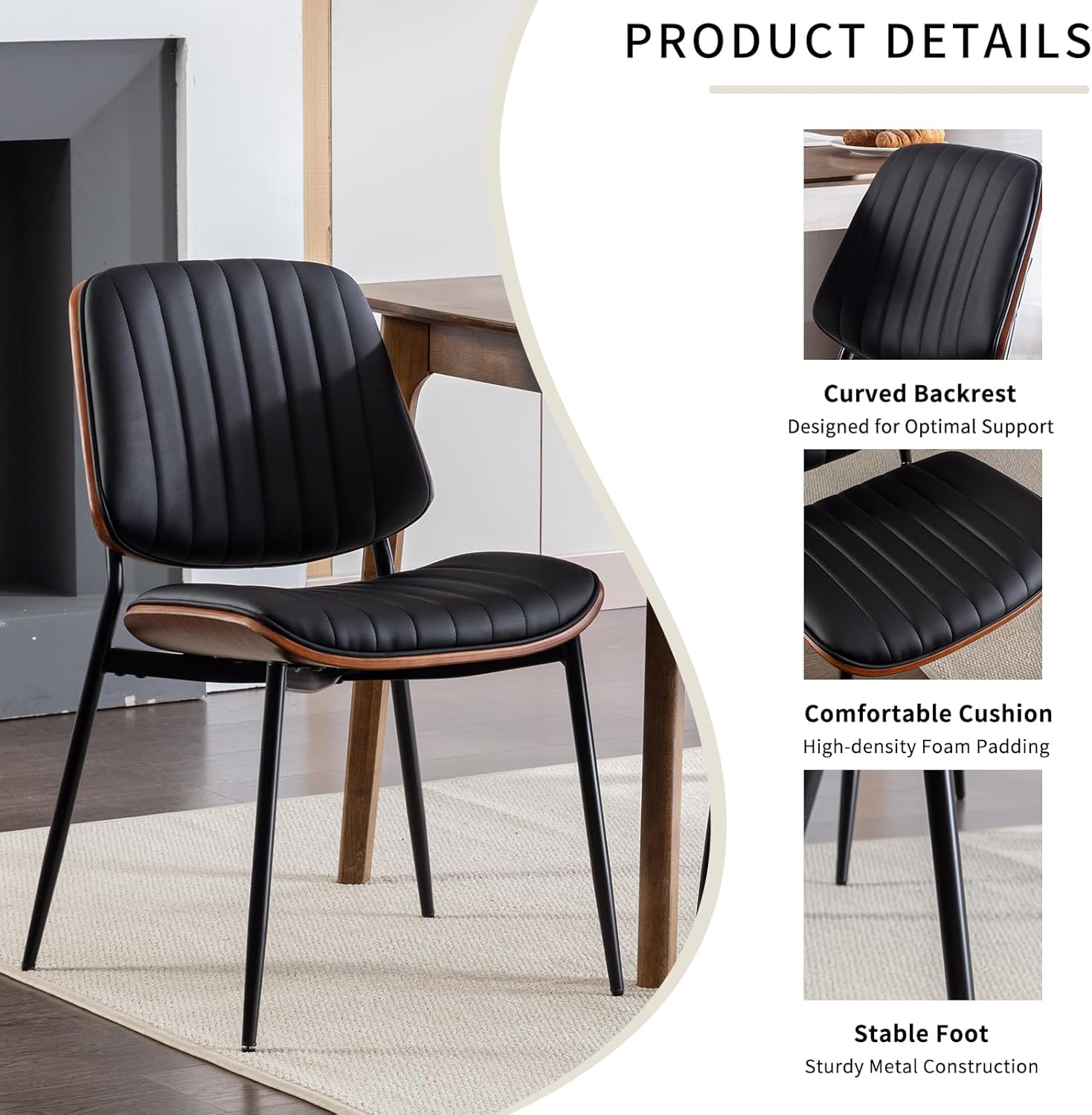 ODUSE-DAILY Mid Century Modern Dining Chairs Set of 8, Black Kitchen & Dining Room Chairs Set of 8, Upholstered PU Leather Kitchen Chairs, Sillas de Comedor, Metal Leg, Walnut Back (Black, 8 Pcs)