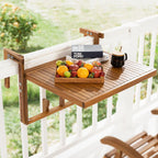 Idzo FSC Acacia Wood Folding Balcony Bar Table for Railings, Adjustable Height & Width, Teak Finish Durable Against Weather, Ideal Spacious Dimension of 27 9/16 x 23 7/16 Inch, Rectangular Design