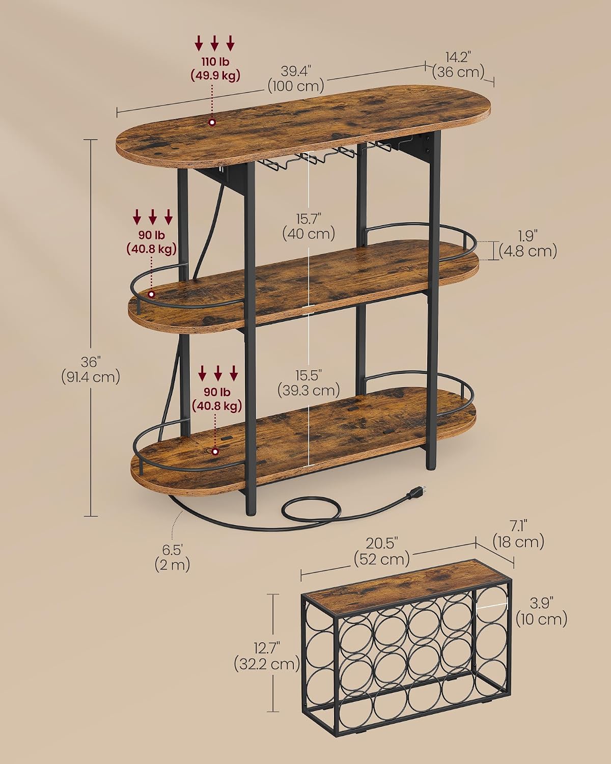 VASAGLE Bar Cabinet with LED Lights and Power Outlets, Freestanding Coffee Bar Wine Cabinet, Wine Rack, Glass Holder, Mini Bar for Liquor and Glasses, Kitchen, Dining Room, Rustic Brown ULWR007K01S