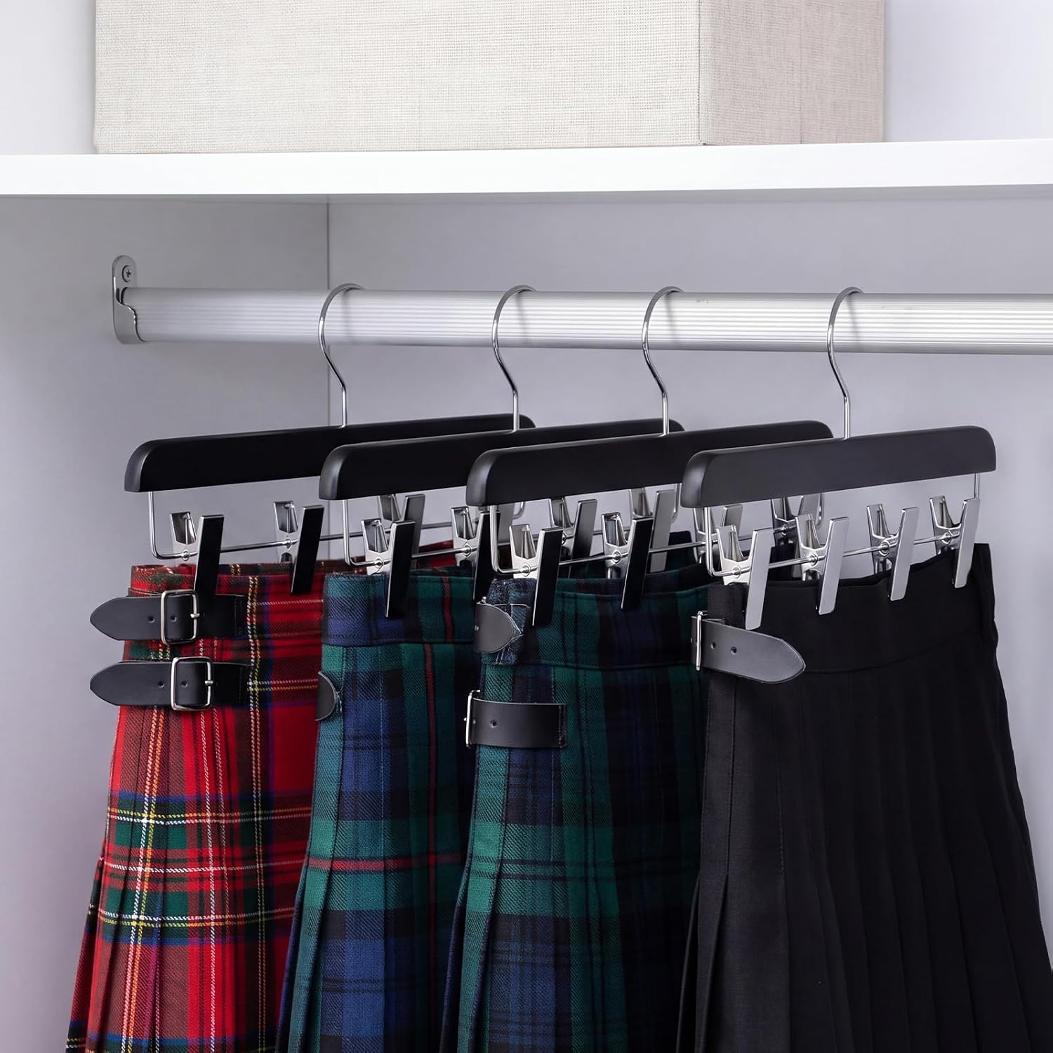 DoubleFill 1 Pcs Kilt Hanger 15.8 Inches Wooden Duty Skirt Hangers with 4 Clips for Closet (Black)