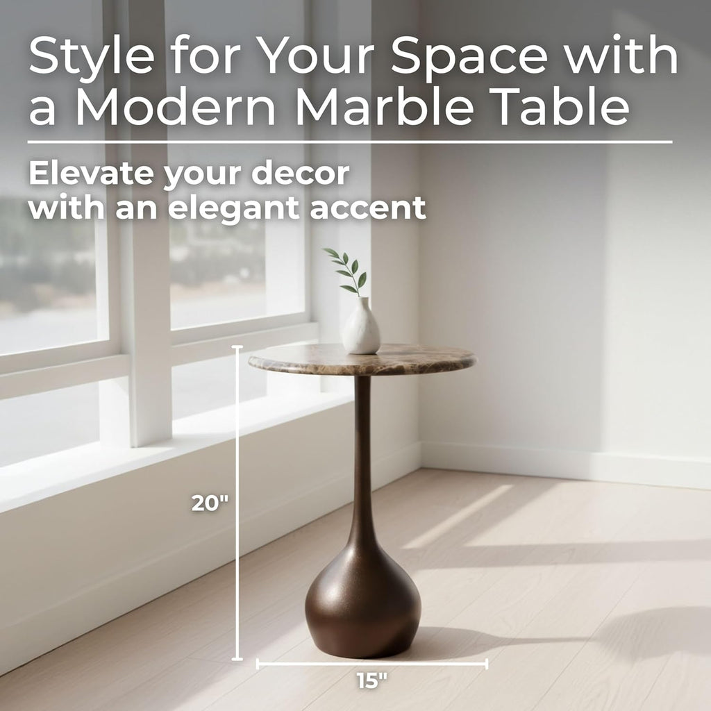 Marble Accent End Table for Home Decor - Decorative Small Table Stand for Bedroom Night Stand, Bedside, and Living Room Decor - Modern Side or Drink Table for Small Spaces - 20", Brown & Gold