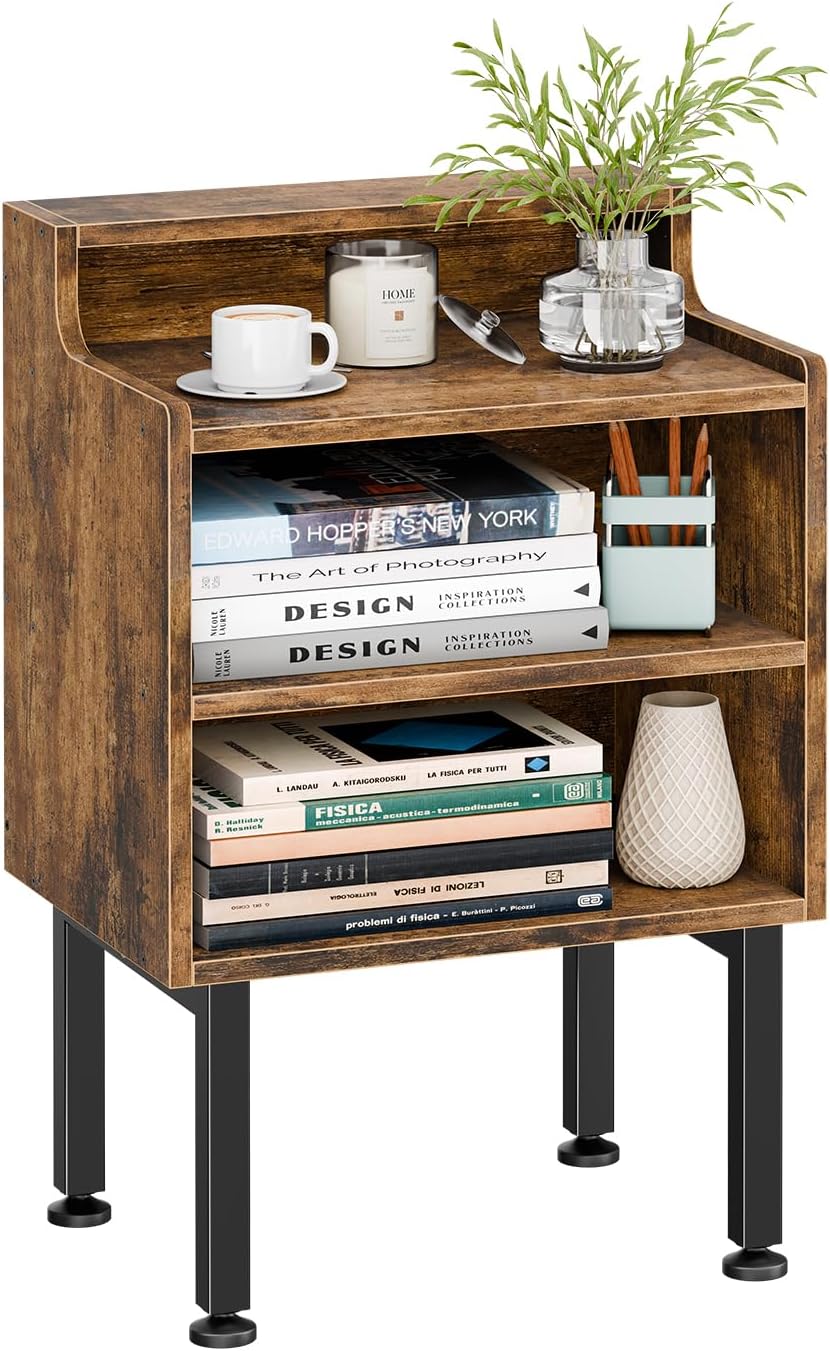 Simple Trending Night Stand, Wood End Table Nightstands, Modern Bedside Table with Open Shelf, Side Table for Bedroom Living Room, Rustic Brown