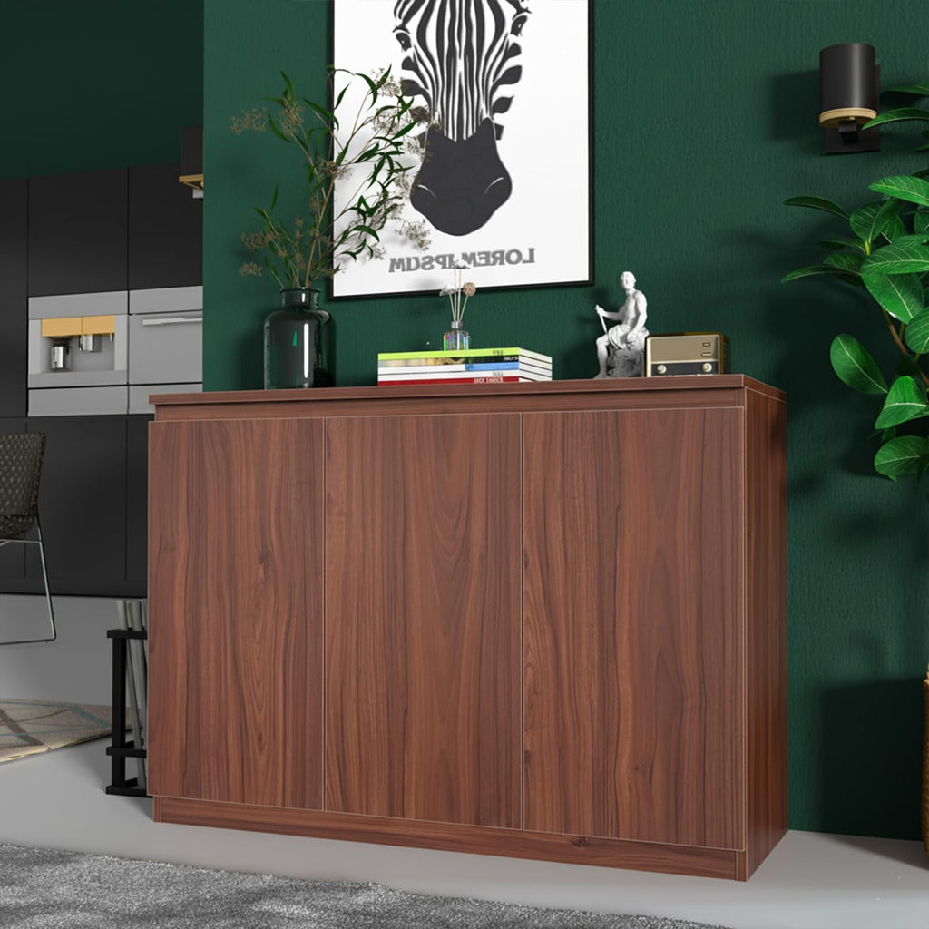 holzart 43" Walnut Brown Buffet Cabinet Sideboard with Storage - Modern 3-Door Wood Grain Kitchen Cupboard & Coffee Bar Station for Dining Room, Living Room - Adjustable Shelf, 43.3" W x 31.5" H