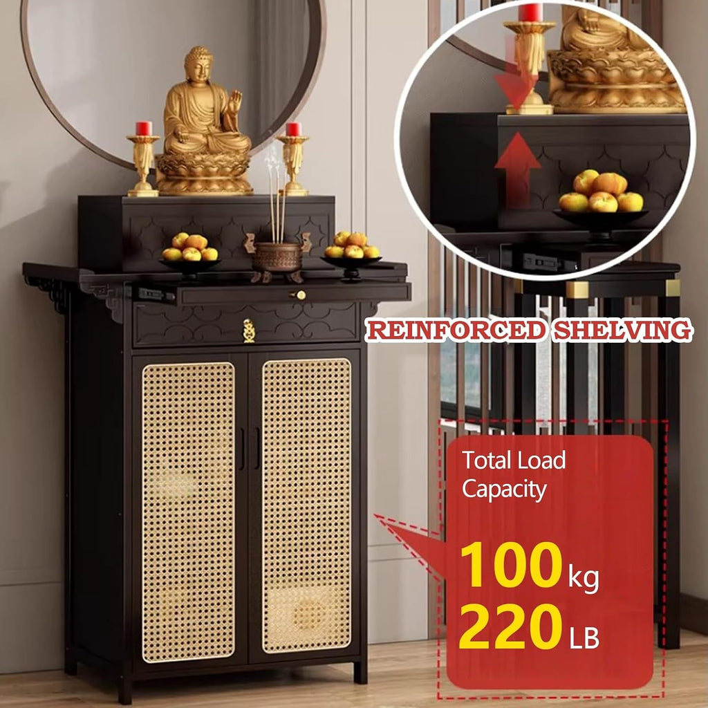 Chinese Shrine Altar Table with Storage, Bamboo Buddha Buddhist Altar Cabinet, Offering Meditation Table with Plastic Rattan Door, for Living Room, Temples(Black,100cm/39.3in)