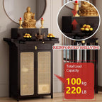 Chinese Shrine Altar Table with Storage, Bamboo Buddha Buddhist Altar Cabinet, Offering Meditation Table with Plastic Rattan Door, for Living Room, Temples(Black,100cm/39.3in)