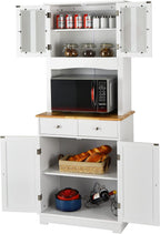 LOKO Kitchen Hutch Cabinet, Kitchen Cabinet with Framed Tempered Glass Doors, Flat Countertop and 2 Drawers, Kitchen Pantry Storage Cabinet with Adjustable Shelves, 27 x 16 x 67 inches (White)