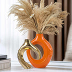 Orange Gold Ceramic Vase Set of 2 for Modern Home Decor,Round Boho Vase for Pampas Grass,Neutral Minimalist Statue for Dining Room Table Centerpiece Dining Room,Wedding Table Decoration