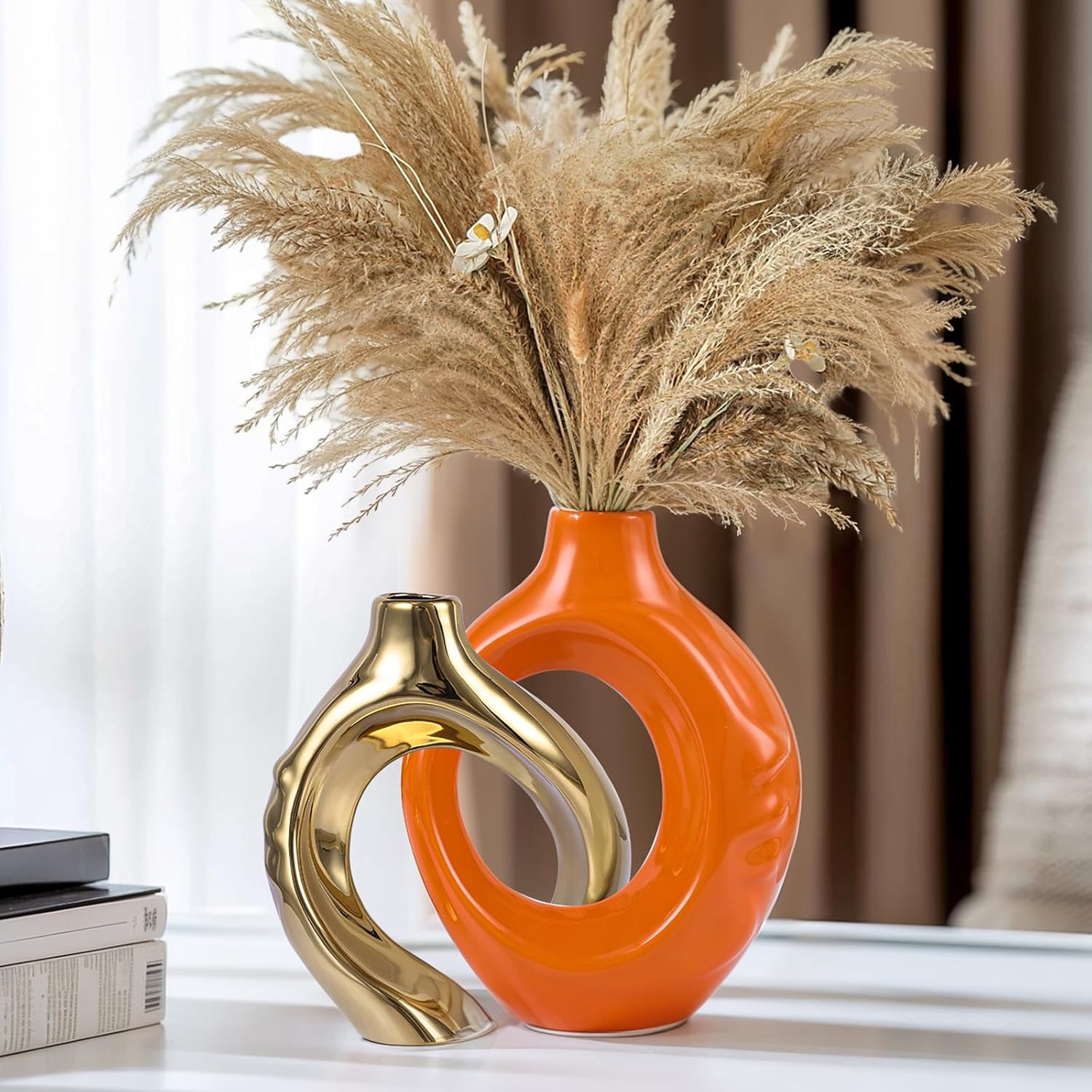 Orange Gold Ceramic Vase Set of 2 for Modern Home Decor,Round Boho Vase for Pampas Grass,Neutral Minimalist Statue for Dining Room Table Centerpiece Dining Room,Wedding Table Decoration