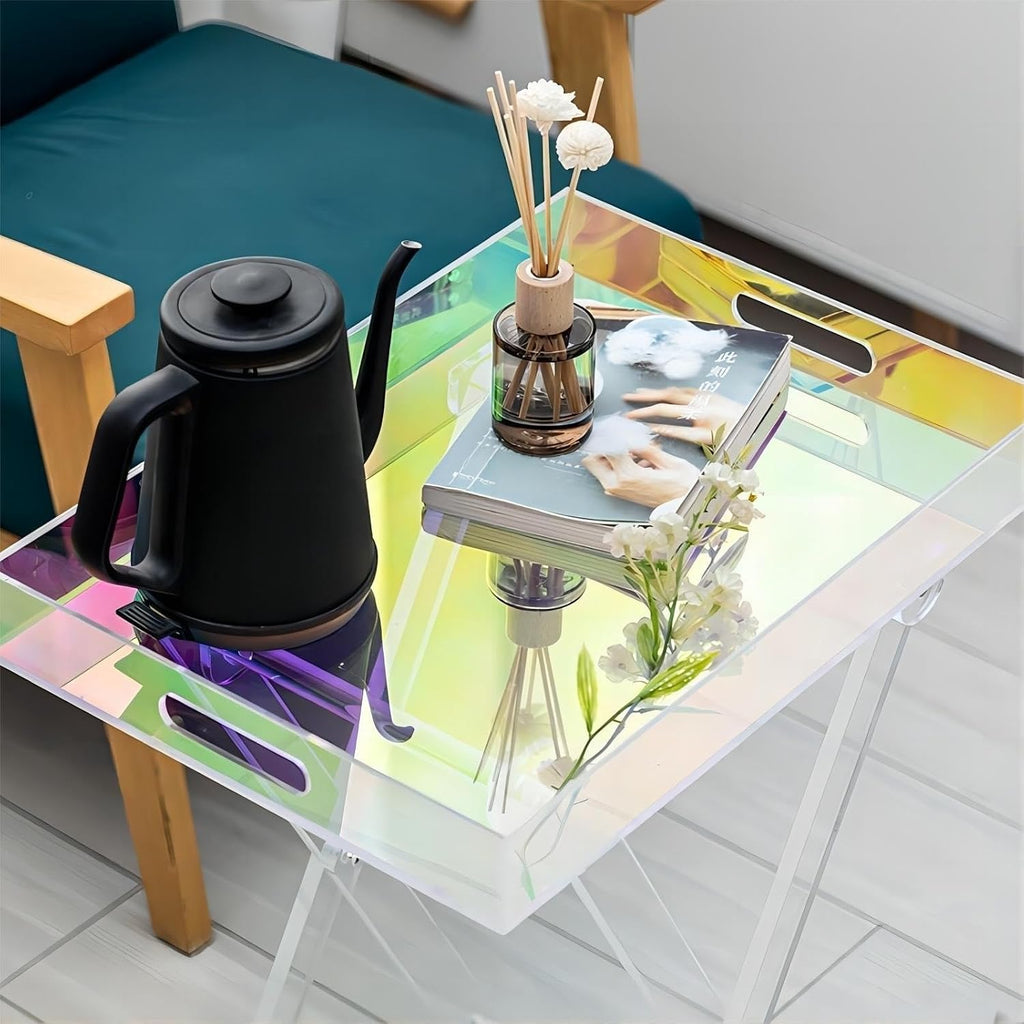 Acrylic Folding Tray Table Iridescent Rainbow Clear Side Table Modern Colorful End Table Space-Saving for Kitchen Living Room Beautiful