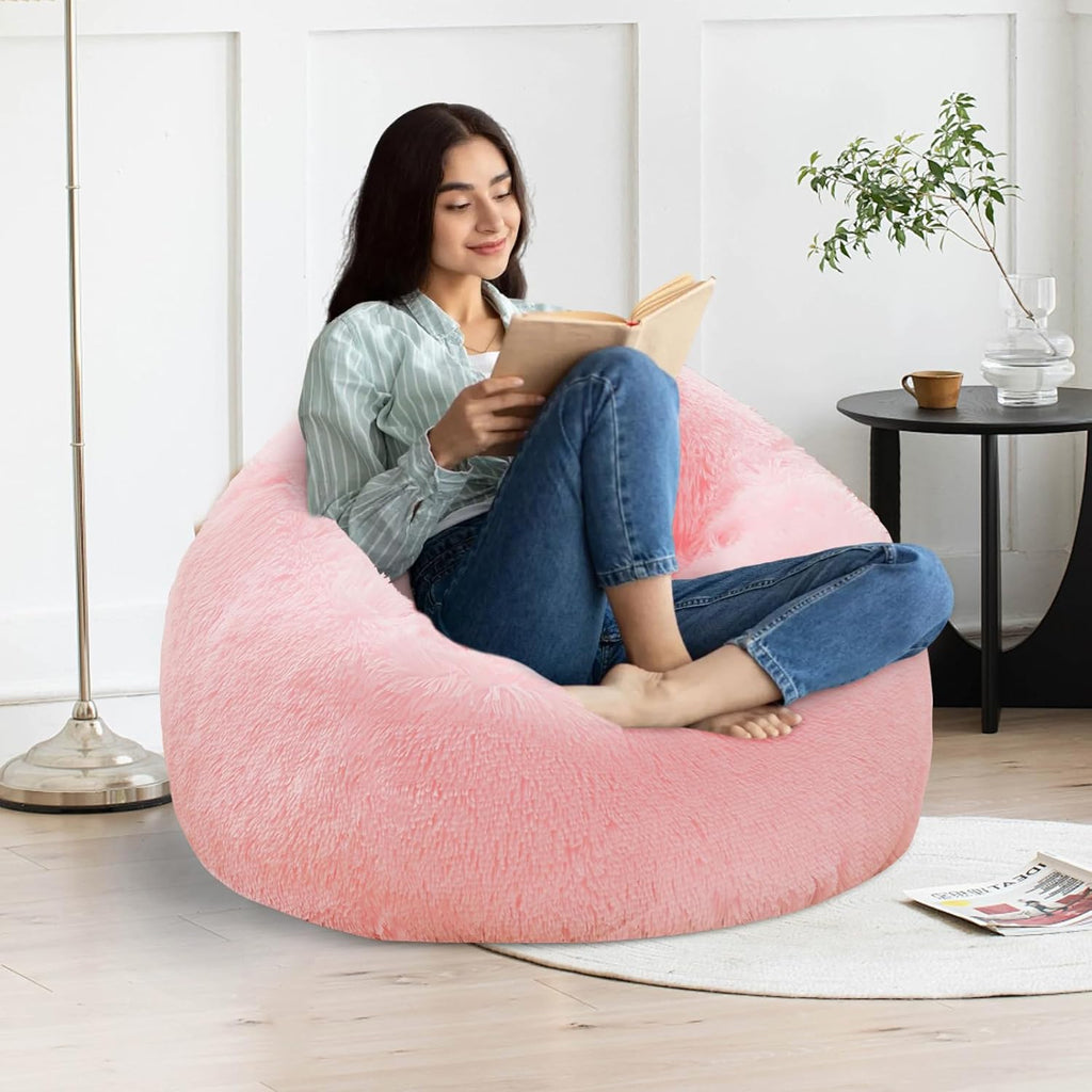 Pink fluffy bean bag chair covers (No Filler), comfy Plush Pink bean bag chair Cover for bedroom, stuffed animal Storage, kids adults teens girls bean bag chairs, Anti-Slip