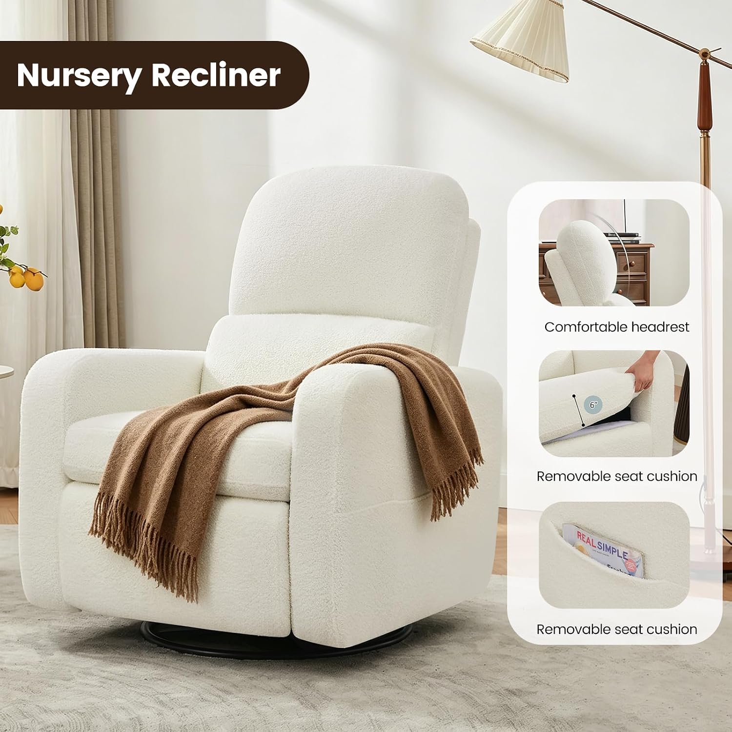 Manual Swivel Rocker Recliner, Swivel Glider Nurseryc Recliner Chair with Lumbar Support, Upholstered Rocking Recling Chairs for Adults Nursery, Living Room, Bedroom, Teddy White