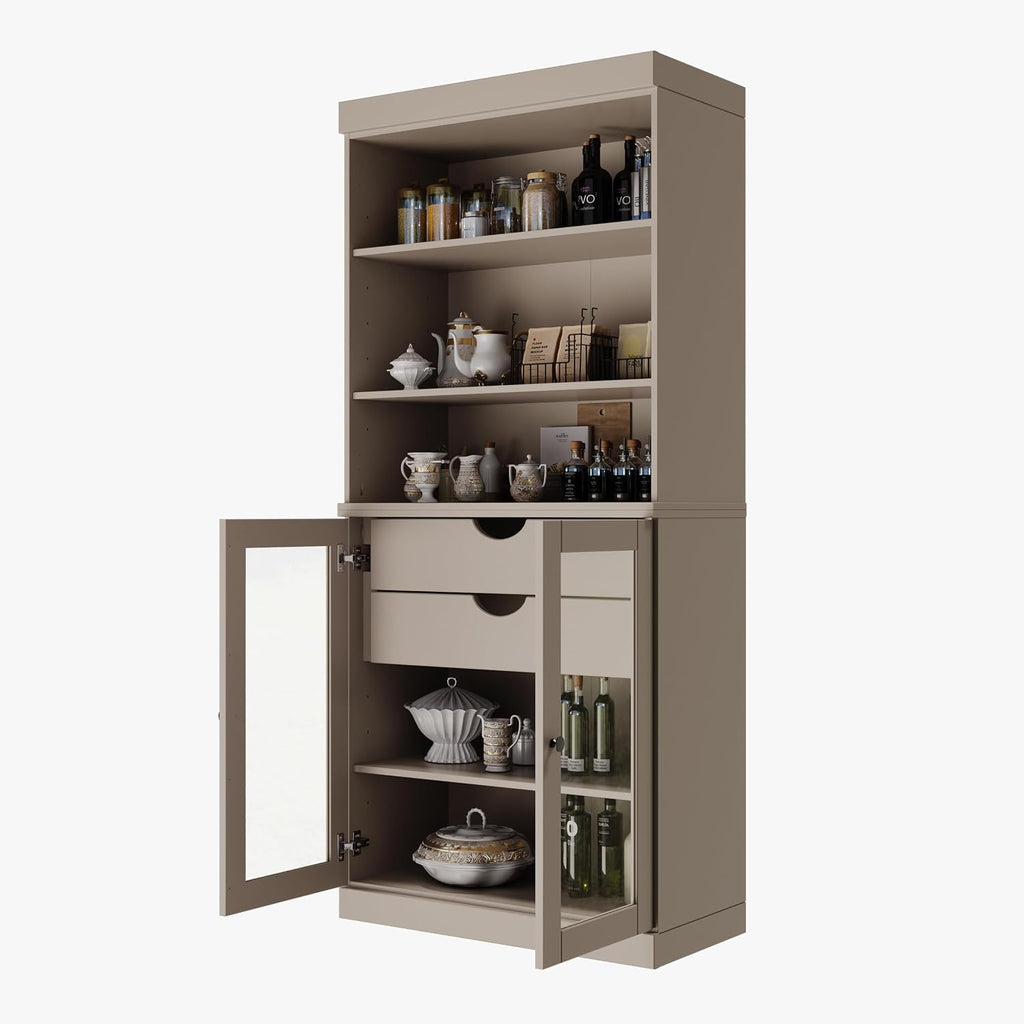 Palace Imports 100% Solid Wood 32"" Pantry Cabinet with Clear Glass Doors, 2-Drawers and Adjustable Shelves
