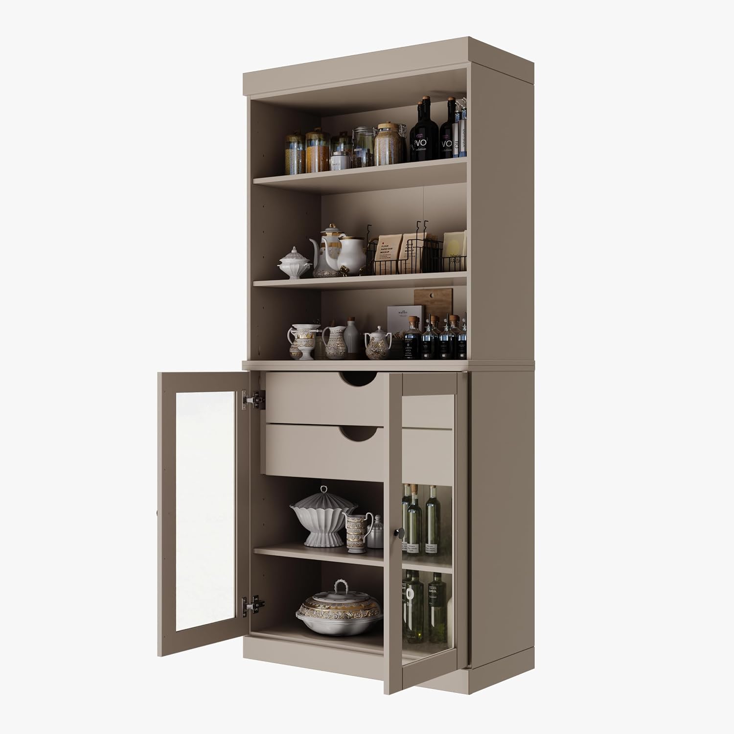 Palace Imports 100% Solid Wood 32"" Pantry Cabinet with Clear Glass Doors, 2-Drawers and Adjustable Shelves