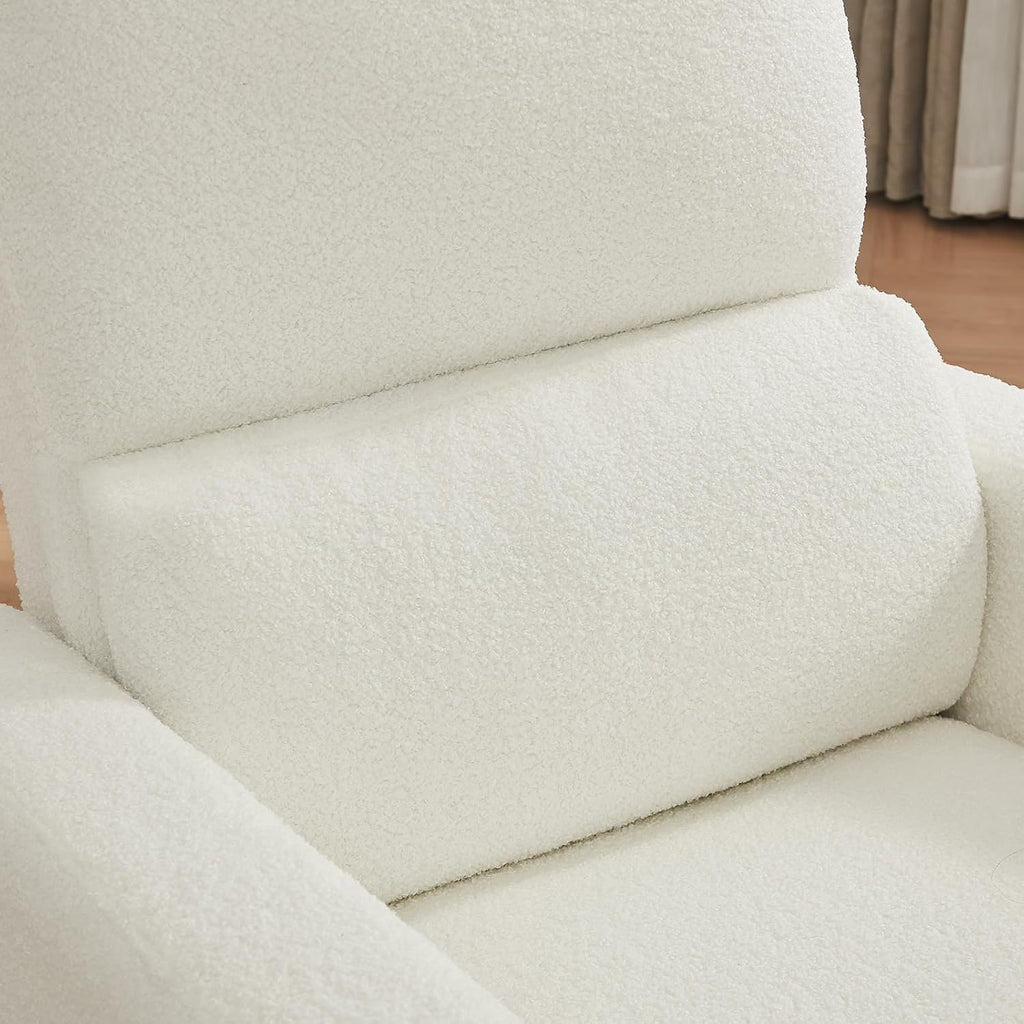 Swivel Rocker Recliner, Oversized Boucle Glider Recliner Nursery, Manual Swivel Rocking Reclining Chairs with Removable Cushion and Lumbar Support for Nursery Living Room Bedroom, Teddy White