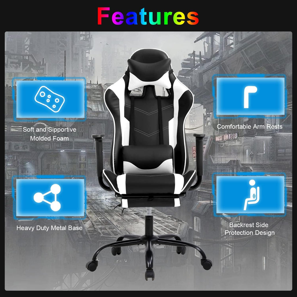 Gaming Chair Computer Chair Ergonomic Gaming Chair with Footrest Reclining High Back Video Game Chair with Lumbar Support Headrest Armrest Swivel Seat for Teen (White)