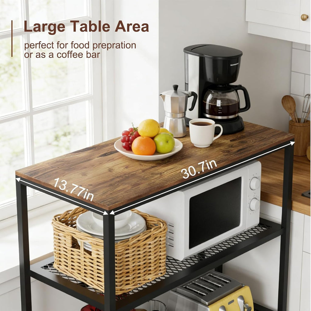 Kitchen Island with 3 Tier Storage, Height-Adjustable Kitchen Shelf, Microwave Stand for Dining, Sturdy Metal Frame, 30.7" L x 13.77" D x 31.51" H,Rustic Brown and Black