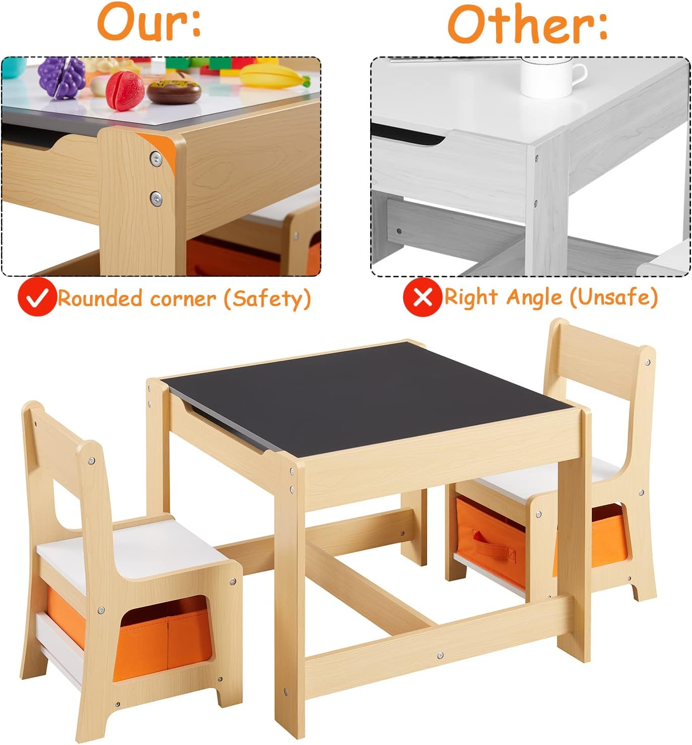 GTOLV Kids Table and Chair Set, 3 in 1 Wooden Activity Table with Storage Drawer for Toddlers Drawing, Reading, Crafts, 2 in 1 Detachable Tabletop Table Set for Nursery, Playroom (Natural)