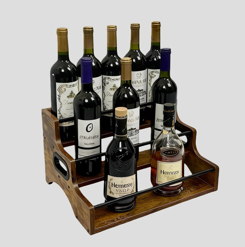 AT-VALY 3-Tier Liquor Bottle Display Shelf, Iron&MDF Countertop Wine Rack, Liquor Cabinet for Home Decor, Mini Bar(Rustic Brown)