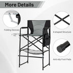 COSTWAY 46" Tall Directors Chair, Folding Makeup Artist Chair with Foldable Side Table & Footrest, Extra Cup Holder, Bottom Mesh Bag & Storage Pocket, Camping Chair for Lawn & Yard, Black+Gray