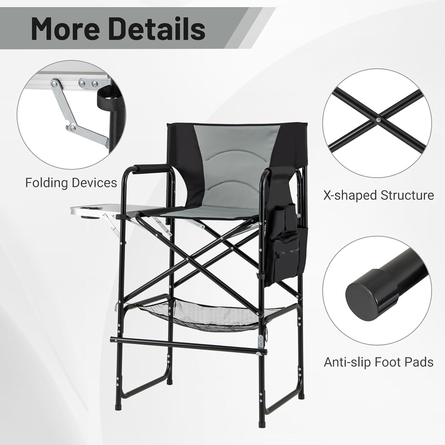 COSTWAY 46" Tall Directors Chair, Folding Makeup Artist Chair with Foldable Side Table & Footrest, Extra Cup Holder, Bottom Mesh Bag & Storage Pocket, Camping Chair for Lawn & Yard, Black+Gray