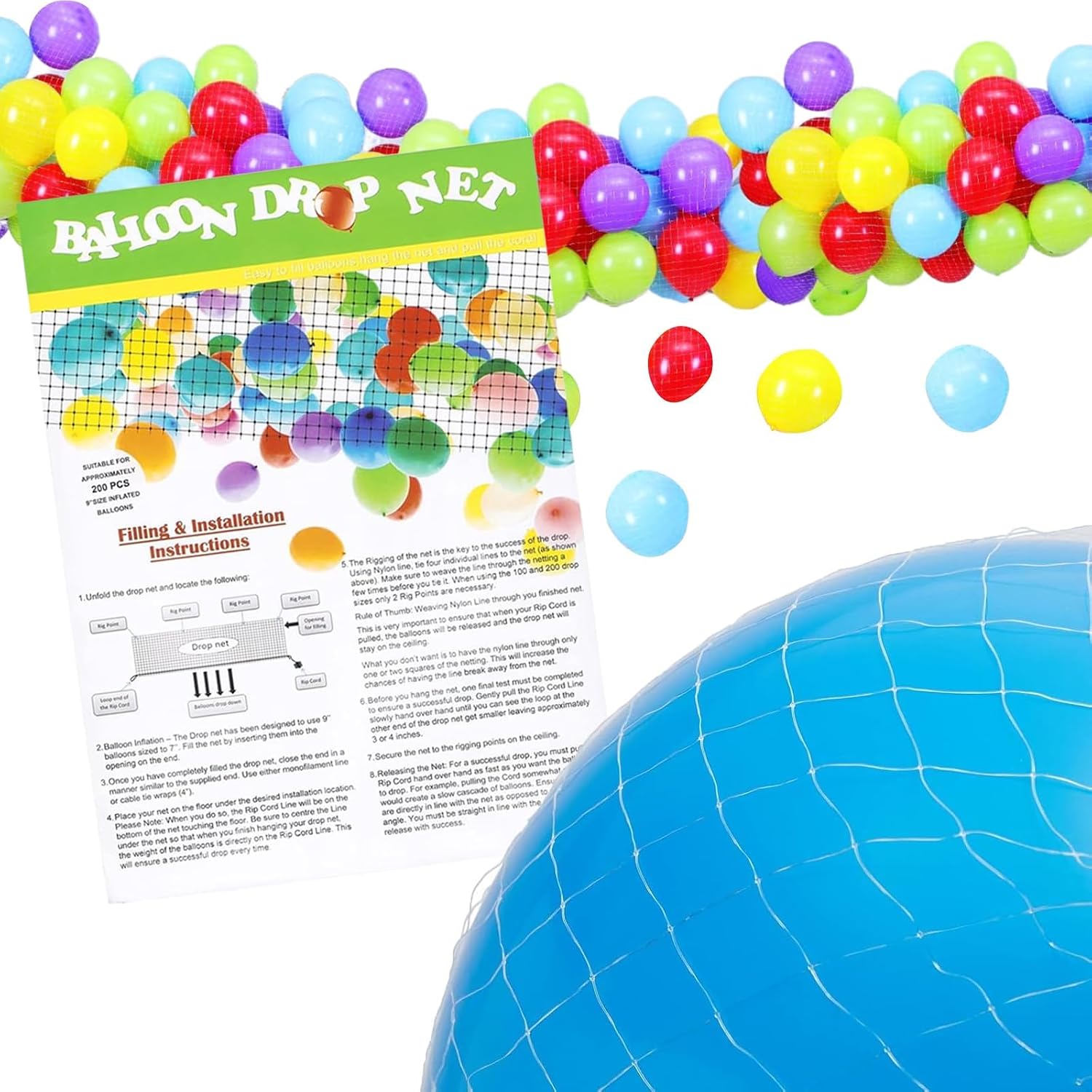 8FT Balloon Drop Net for Ceiling Release, Balloon Transport Bags, Holds 100 Balloons, Balloon Drop Kit with Pull Cord, Party Decoration for Gender Reveal, Wedding, Birthday, New Year’s Eve & Christmas