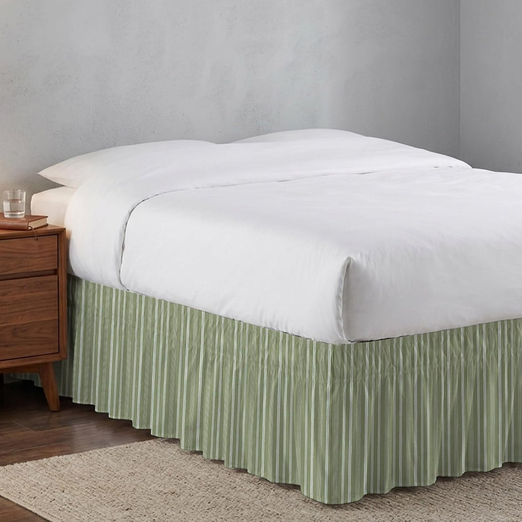 Dark Sage Green Striped Bed Skirt King Size 16 Inch Drop, Adjustable & Elastic Wrap Around Bed Skirts Pleated Dust Ruffles for Twin Full Queen Cal King Base Bed, Farmhouse Stripes Modern Vintage