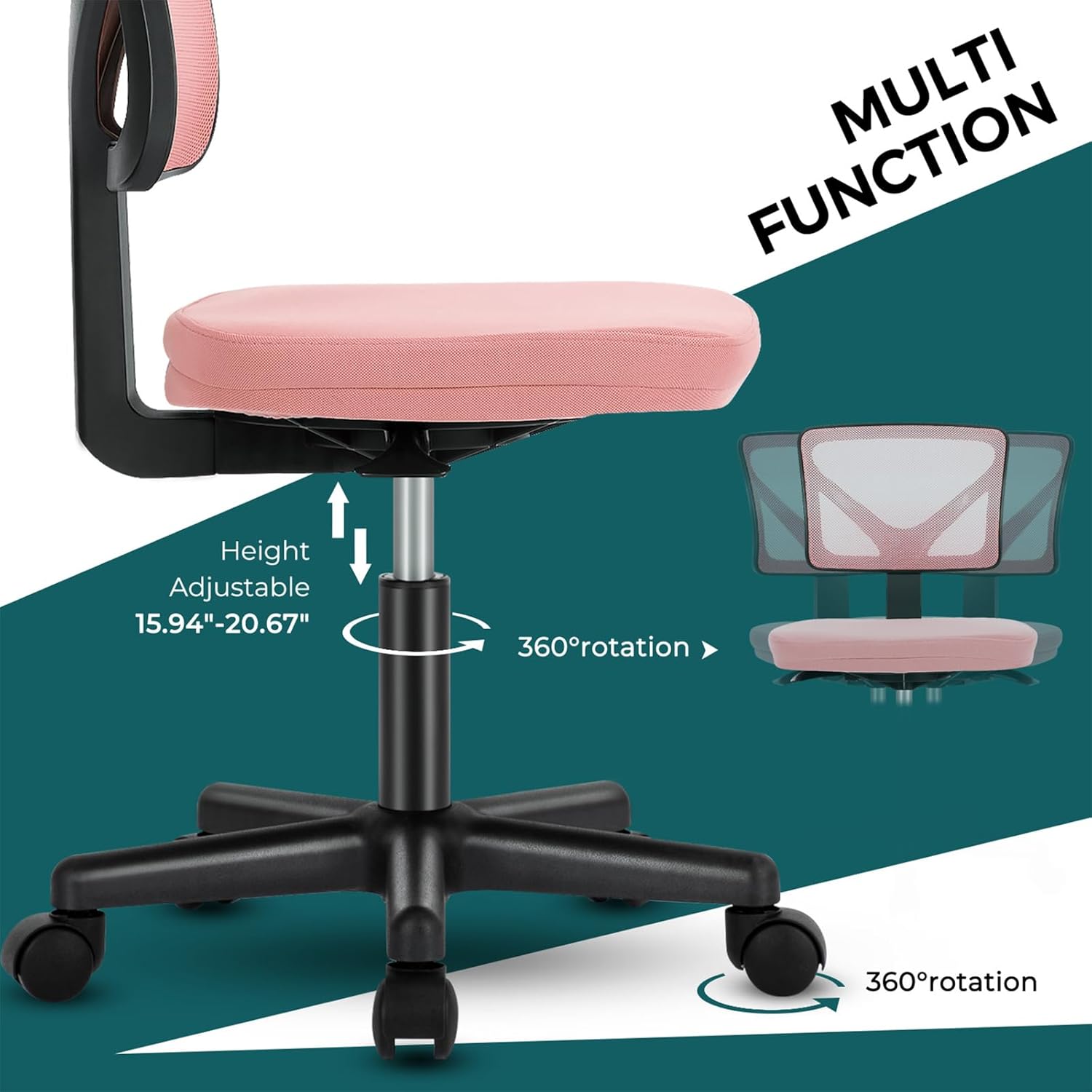 DUMOS Small Office Chair Armless, Ergonomic Adjustable Home Office Swivel Rolling Task Chair No Arms, Comfy Mesh Mid Back Computer Work Vanity Desk Chiars with Wheels for Small Spaces, Hot Pink