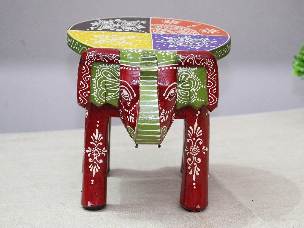 Handcrafted and Hand-Painted Colorful Wooden Elephant Decorative Showpiece Stool/Side Table for Home/Office/Living or Bedroom Decor (Maroon)