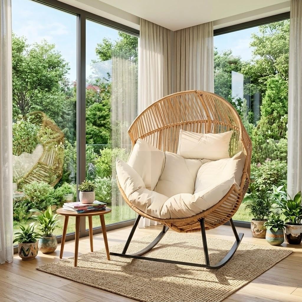 Oversized Outdoor Rocking Chair, Wicker Egg Patio Lounge Chair Basket Seat with Thick Cushion, All Weather Indoor Outdoor Porch Rockers for Balcony, Living Room, Lawn Garden