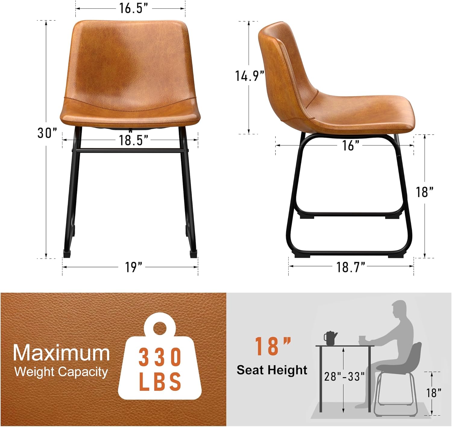REONEY Dining Chairs Set of 6, 18" PU Leather Armless Dinner Chairs with Backrest, Modern Kitchen Dining Room Chair with Metal Legs for Home (Brown)