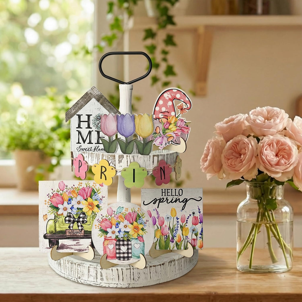 Smile Spring Wooden Decor Flower Floral Farmhouse Table Tray Home Kitchen, Spring Indoor Decoration