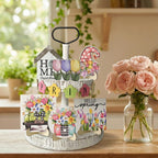 Smile Spring Wooden Decor Flower Floral Farmhouse Table Tray Home Kitchen, Spring Indoor Decoration