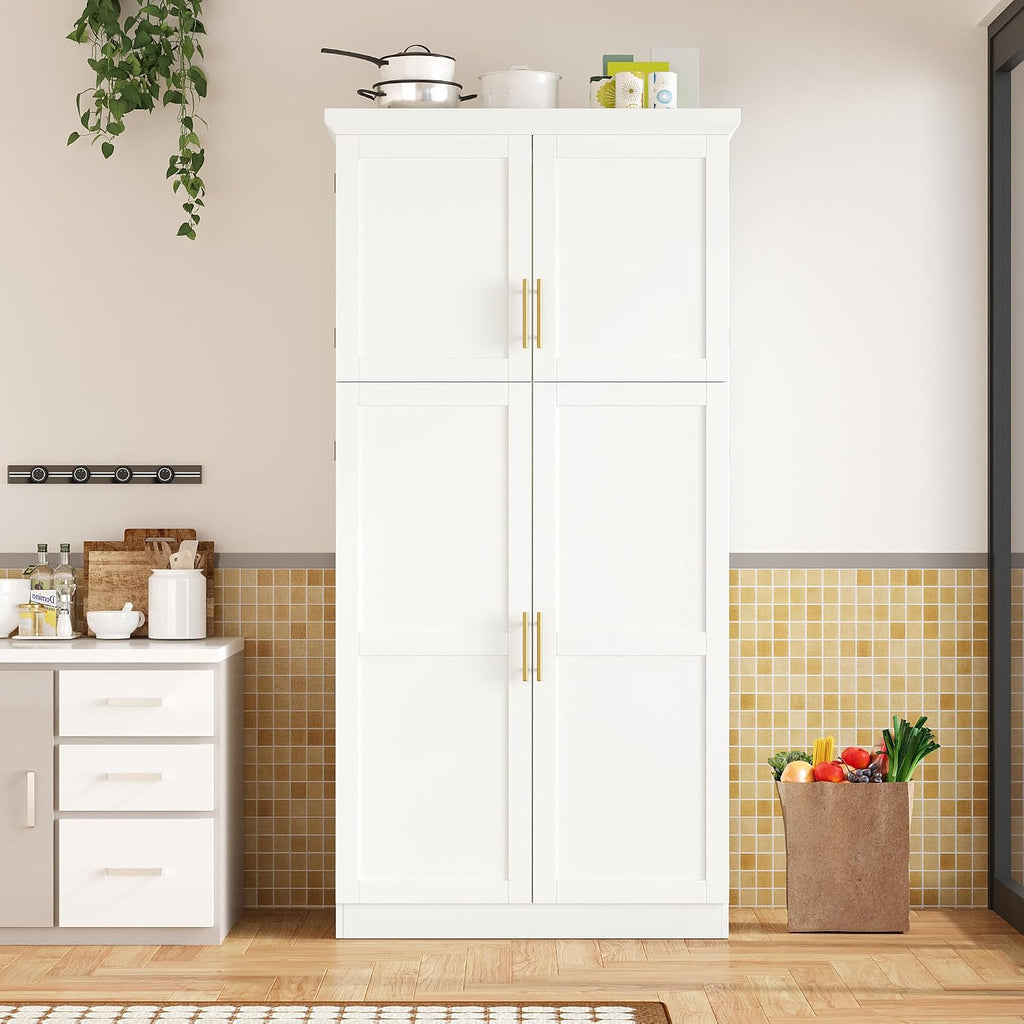 SOFTSEA Tall Kitchen Pantry Cabinet for Dining Room, Kitchen Hutch with 8 Pull-Out Trays, Freestanding Storage Cabinet with Adjustable Shelves and 2 Door Shelves, 35.5x17.6x70.9 Inch, White