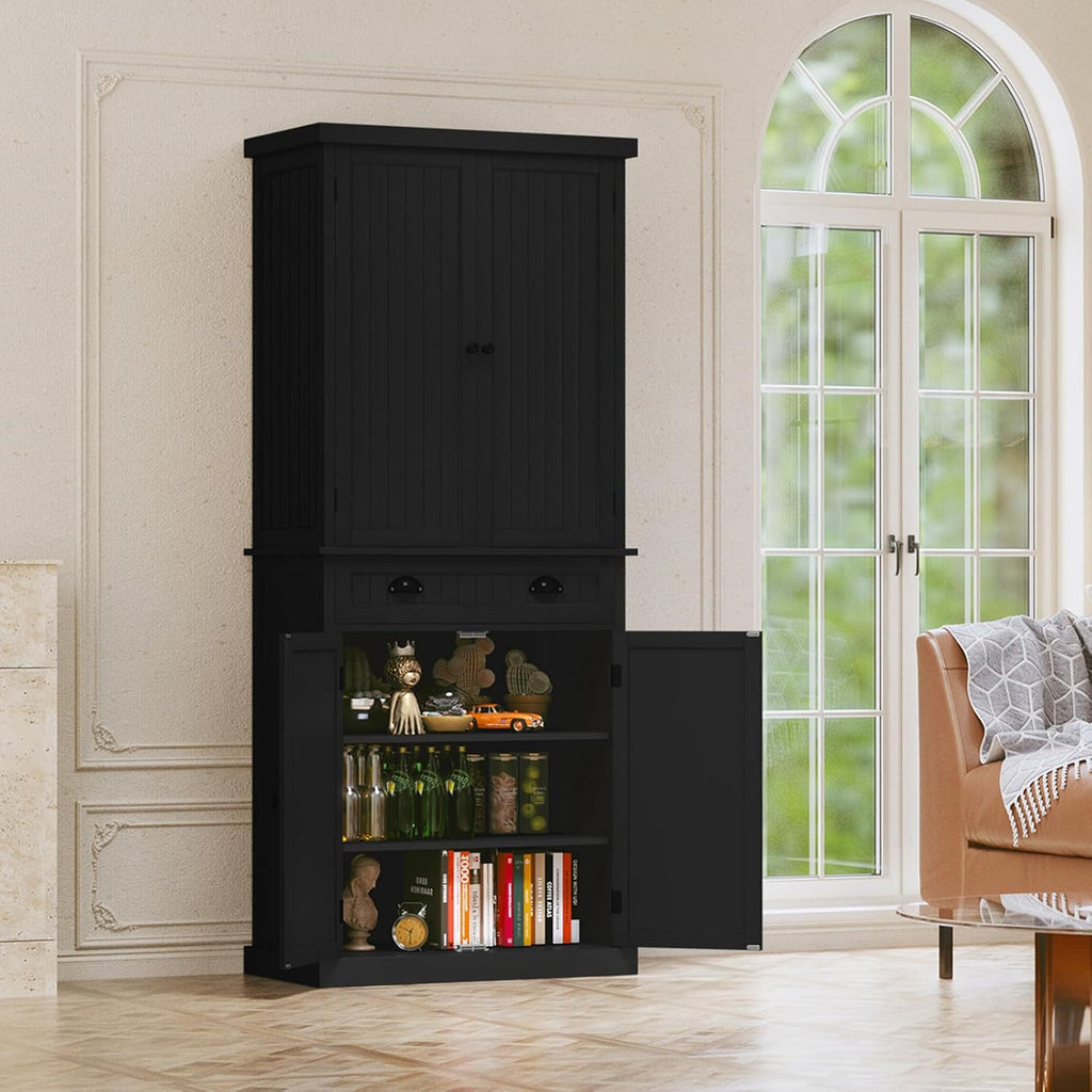 ARTPOWER 72" Pantry Storage Cabinet with Drawer, Freestanding Tall Cupboard Storage Cabinet, Utility Pantry with Door Shelves and 2 Adjustable Shelves for Kitchen, Dining Room,Living Room, Black