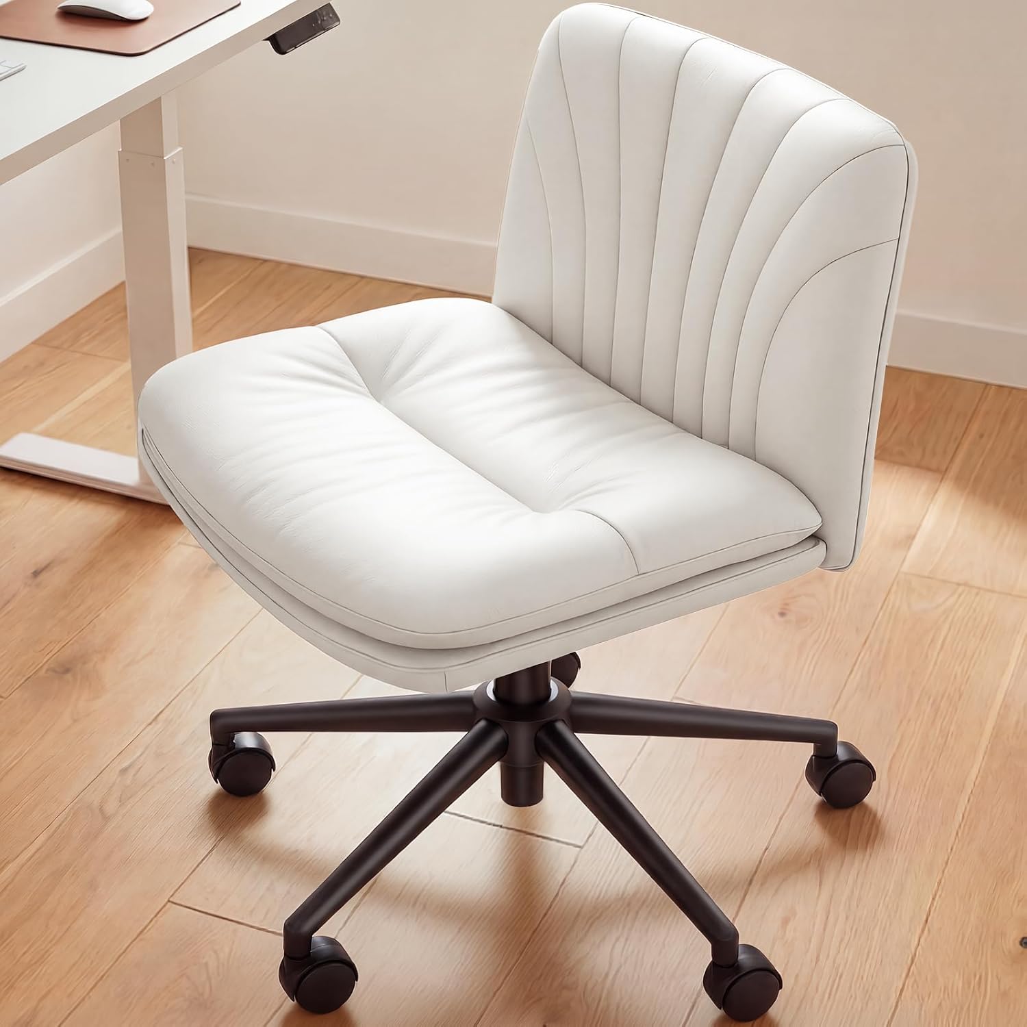Marsail Armless-Office Desk Chair with Wheels: PU Leather Cross Legged Wide Chair,Comfortable Adjustable Swivel Task Chairs for Home,Office,Make Up,Small Space,Bed Room(Light Beige)