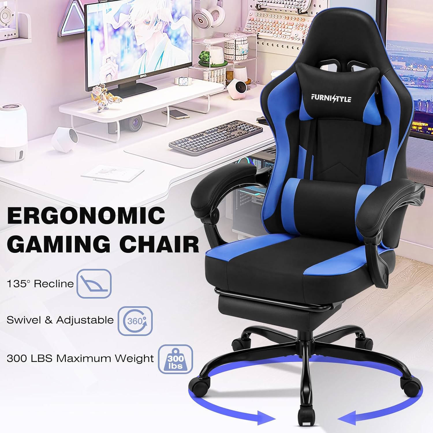 Gaming Chair with Footrest, Comfy Video Game Chairs for Adults Boys with Adjustable Lumbar Support, Linkage Armrests, Reclining Ergonomic Computer Chair for Gaming Office, 360°Swivel, Blue