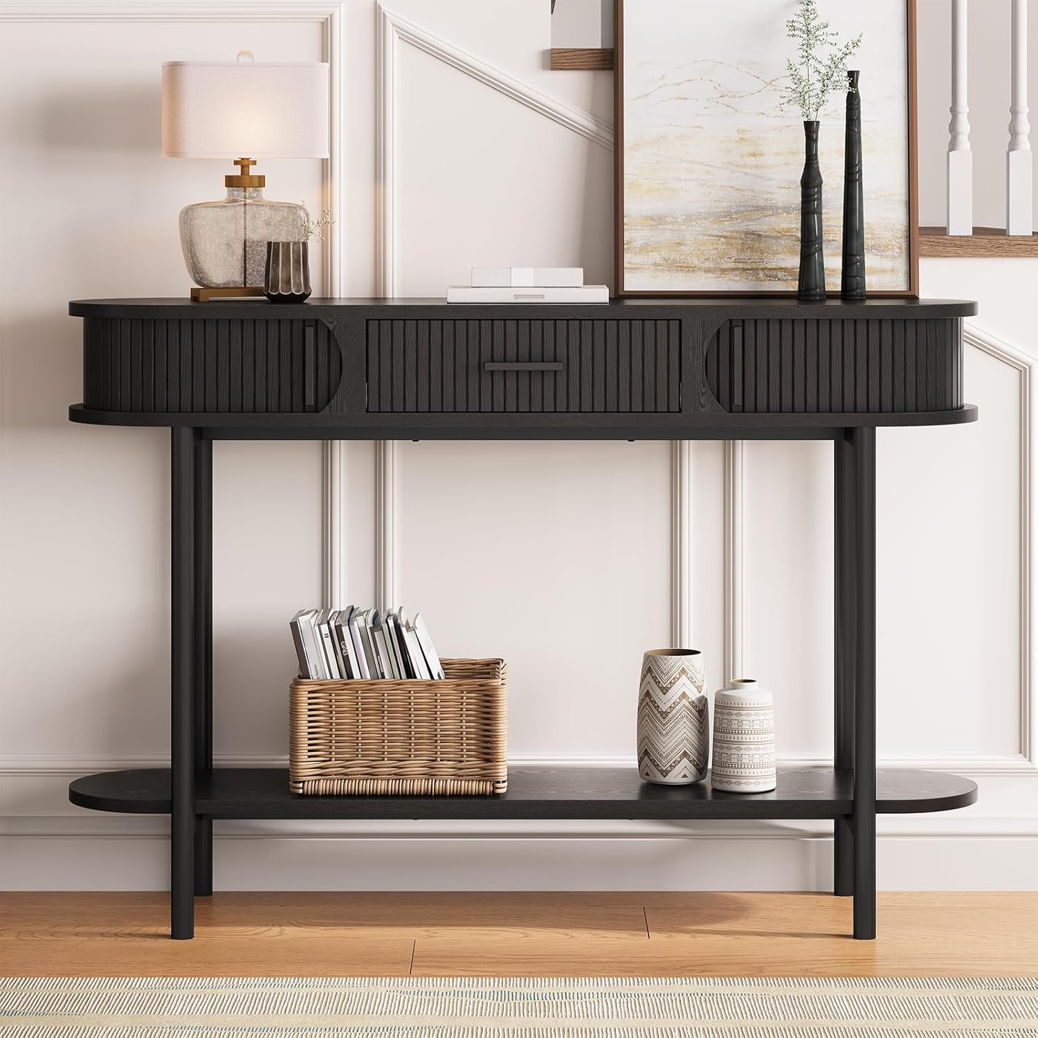 ONBRILL 47 Inch Fluted Console Table with Drawers, Entryway Table with Storage, Oval Sofa Tables Behind Couch, Mid-Century Modern Hallway Tables for Entryway, Hallway, Small Spaces, Black