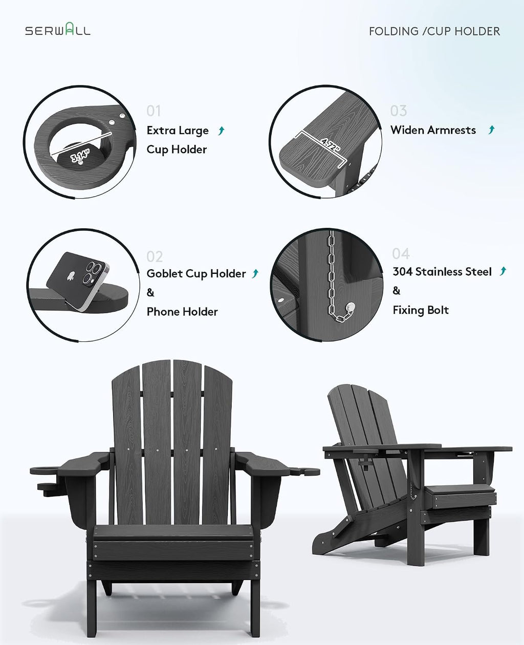 SERWALL Folding Gray Adirondack Chair Set of 4 with Memory Foam Cushions
