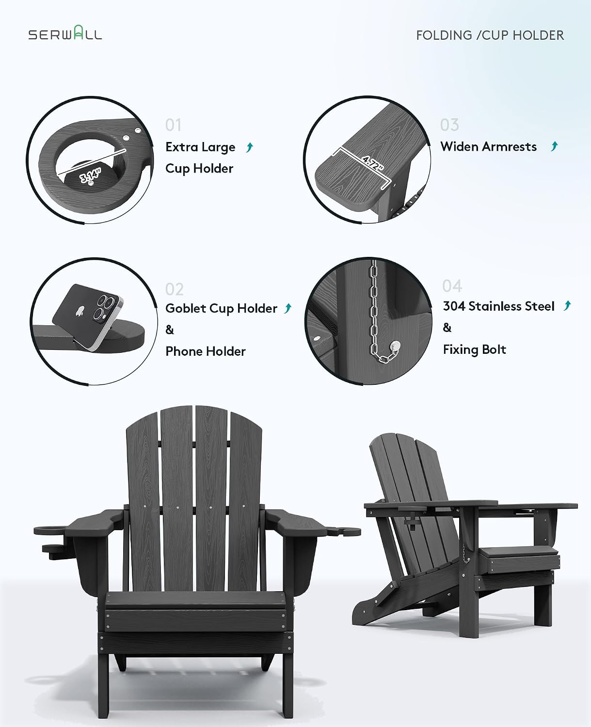 SERWALL Folding Gray Adirondack Chair Set of 4 with Memory Foam Cushions
