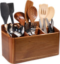 Wooden Kitchen Utensil Holder Organizer for Counter or Countertop, Large Wooden Utensil Holder for Storage Cooking and Silverware with 6 Compartment, Acacia Rustic Wood Container Extra Large