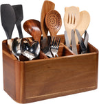 Wooden Kitchen Utensil Holder Organizer for Counter or Countertop, Large Wooden Utensil Holder for Storage Cooking and Silverware with 6 Compartment, Acacia Rustic Wood Container Extra Large