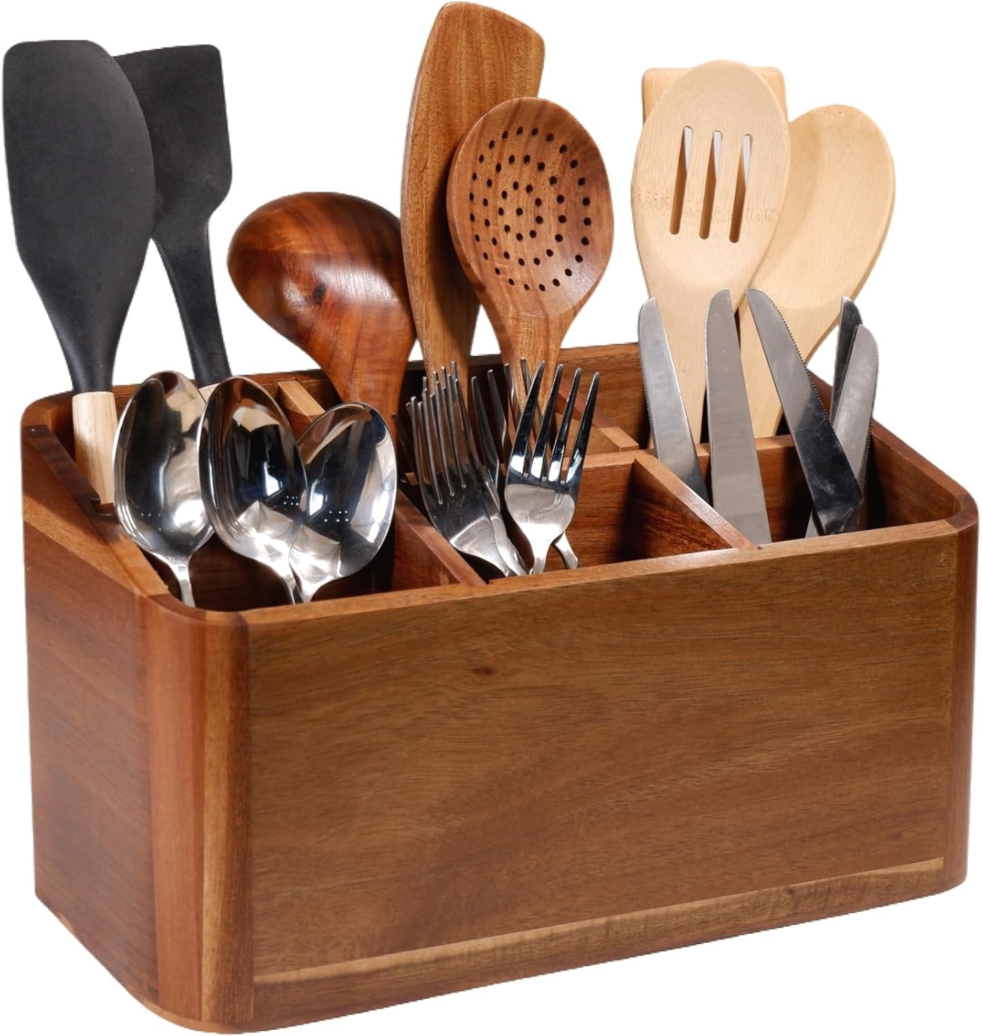 Wooden Kitchen Utensil Holder Organizer for Counter or Countertop, Large Wooden Utensil Holder for Storage Cooking and Silverware with 6 Compartment, Acacia Rustic Wood Container Extra Large
