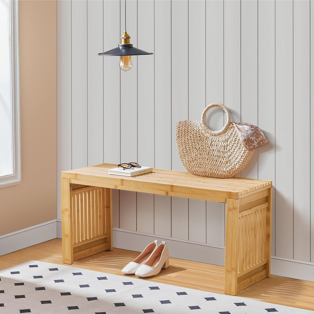 HOOBRO Bamboo Dining Bench, 35 inch Farmhouse Kitchen Table Bench, Solid Bamboo Dining Room Bench for Kitchen, Living Room, Hallway, Bedroom, Natural YL16CD01