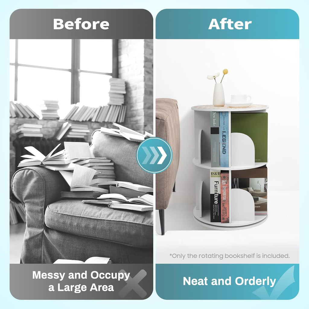 2 Tier Rotating Bookshelf for Living Room, Bedroom, Office & Study | 360° Revolving Bookcase, Dividers, Anti-Falling Design, Space Saving, Floor Standing, Book Organizer