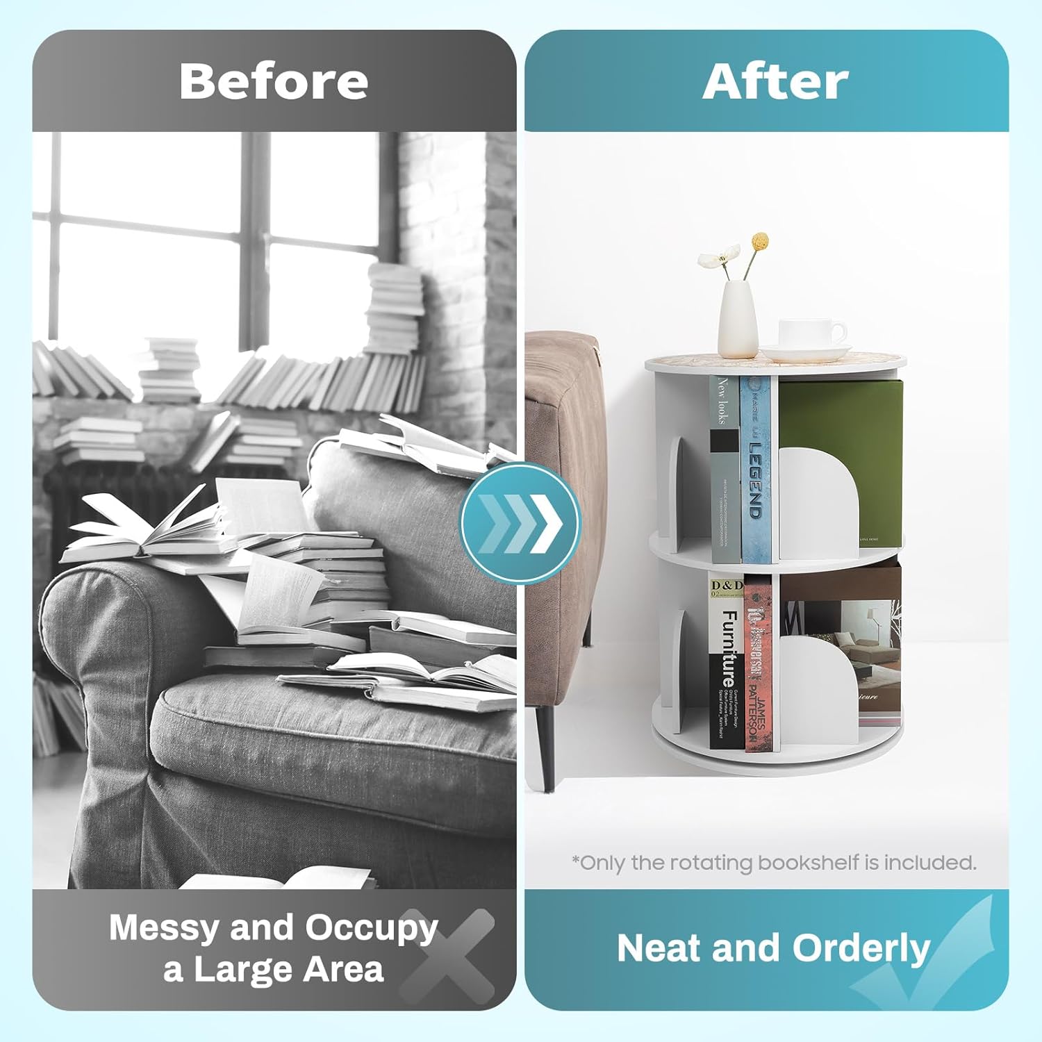 2 Tier Rotating Bookshelf for Living Room, Bedroom, Office & Study | 360° Revolving Bookcase, Dividers, Anti-Falling Design, Space Saving, Floor Standing, Book Organizer