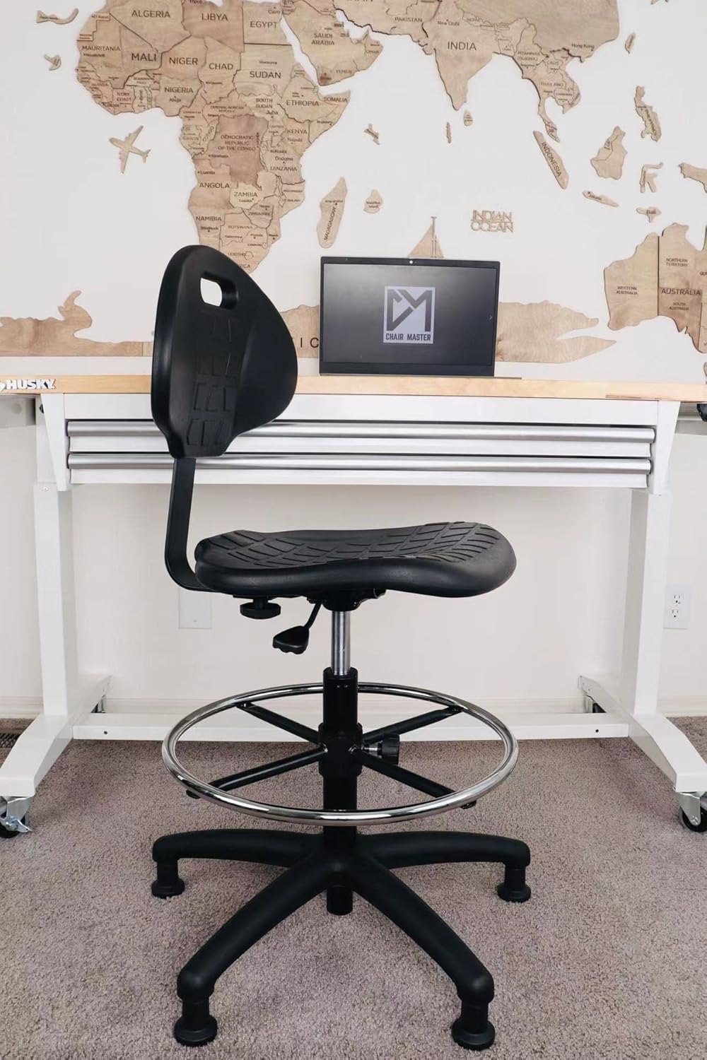 Heavy Duty Durable Drafting Stool - Easy to Clean! Ergonomic Polyurethane Chair. Seat Height Adjustable w/Footring for Home, Automotive, Lab, Cleanroom (Non-Rolling Glides, Tall Stool).