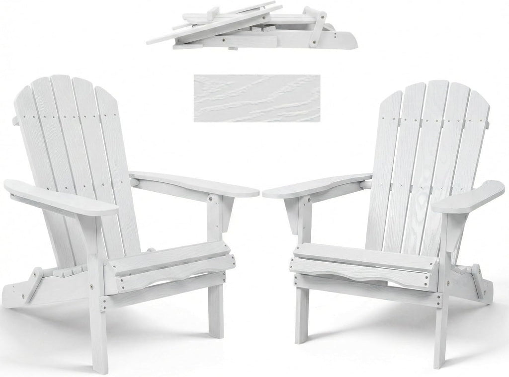 WILLIAMSPACE Adirondack Chairs Set of 2, Solid Wood Outdoor Folding Embossed Adirondack Chair Oversized Wooden Lounge Patio Chair for Garden, Poolside, Backyard, Beach, Easy Assembled (White)