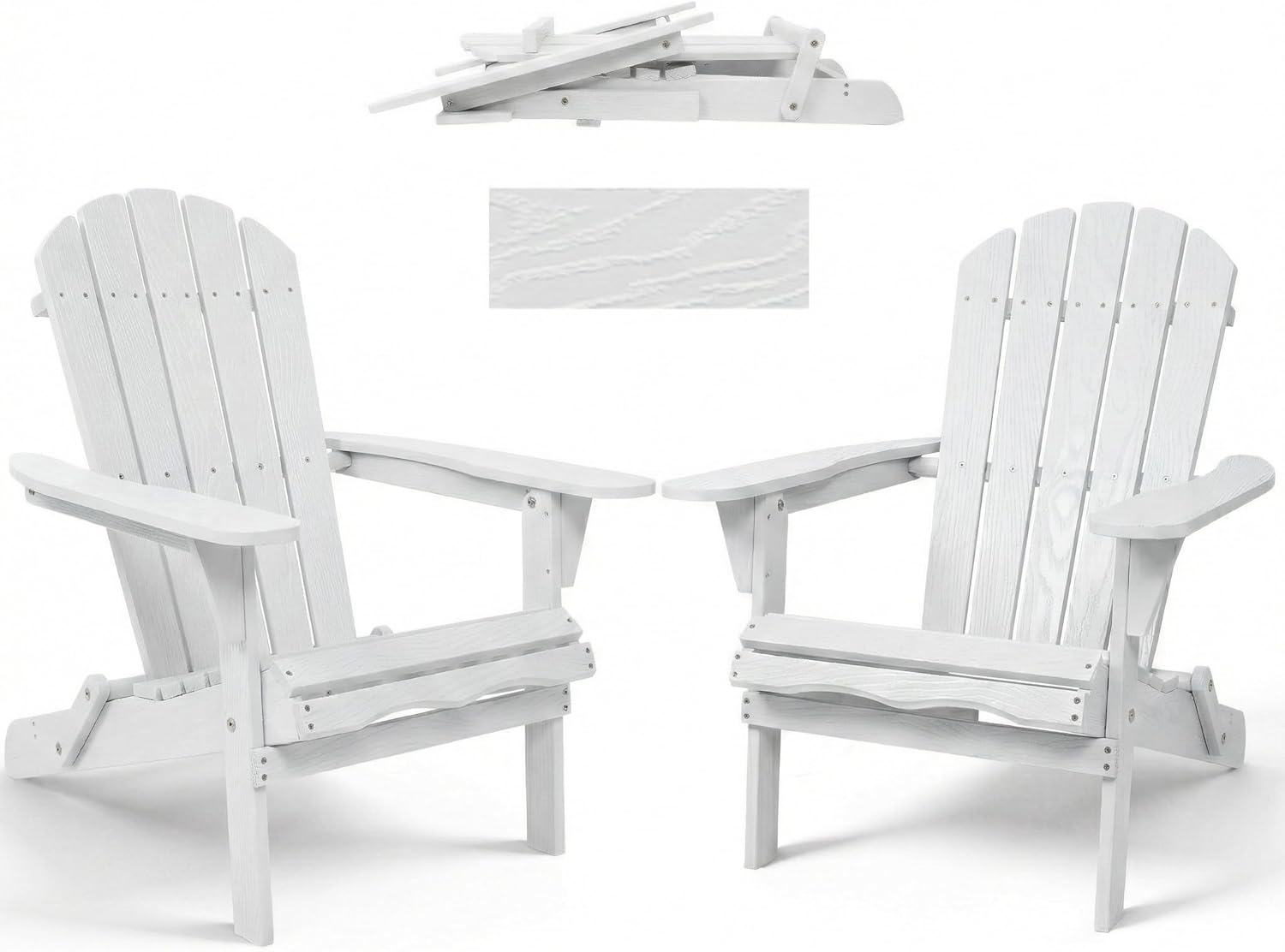 WILLIAMSPACE Adirondack Chairs Set of 2, Solid Wood Outdoor Folding Embossed Adirondack Chair Oversized Wooden Lounge Patio Chair for Garden, Poolside, Backyard, Beach, Easy Assembled (White)
