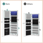 SONGMICS 6 LEDs Mirror Jewelry Cabinet, 47.2-Inch Tall Lockable Wall or Door Mounted Jewelry Armoire Organizer with Mirror, 2 Drawers, 3.9 x 14.6 x 47.2 Inches, White UJJC93W