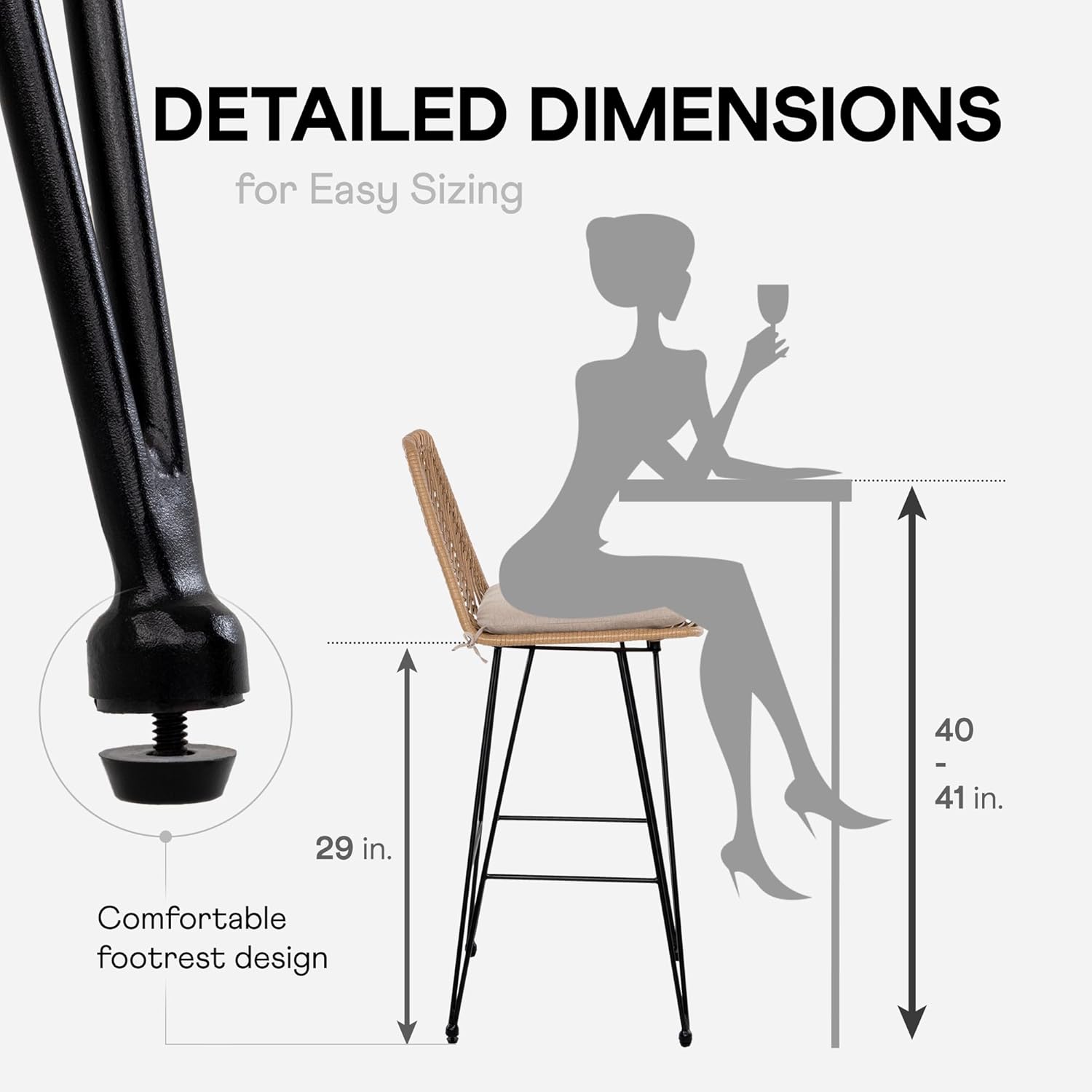 IDZO 400lbs Capacity Rattan Bar Stools Set of 2, 29-Inch Height, Outdoor & Indoor Use, Comfort Cushion, Solid Steel Frame, Durable Powder Coating, Easy Assembly, Ideal for Kitchen Island & Patio